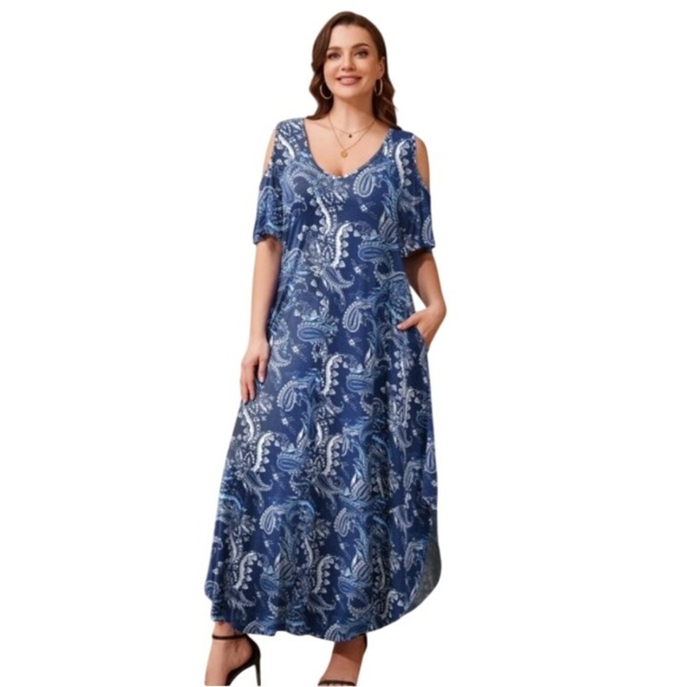 Maxi Dress 3X Blue Paisley Cold‎ Shoulder Short Sleeve Slit Pockets Dress NWOT